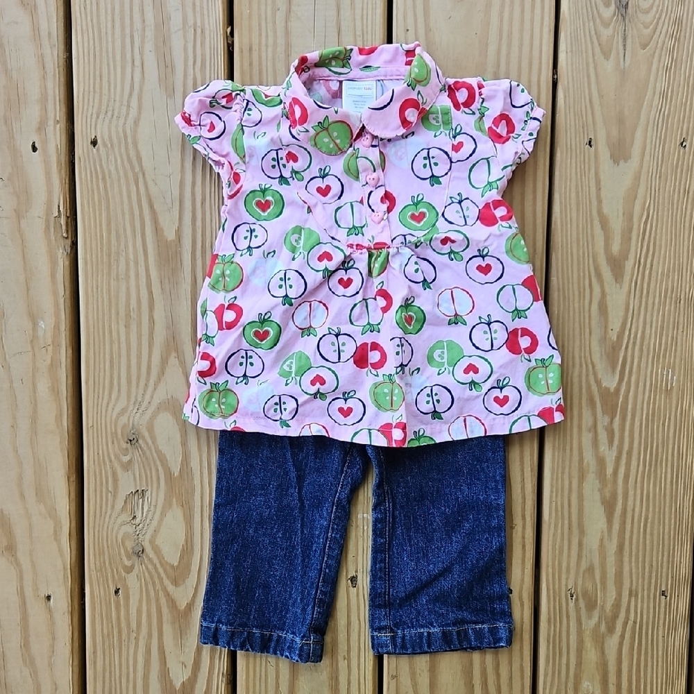 Wonder Kids 12M Girls 2-Piece Outfit – Pink Apple Heart Top & Jeans